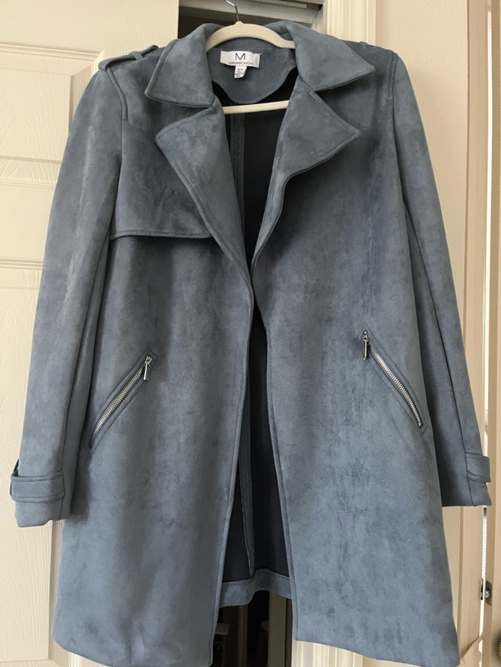 Magaschoni Slate Blue Suede-Feel Trench Coat size M